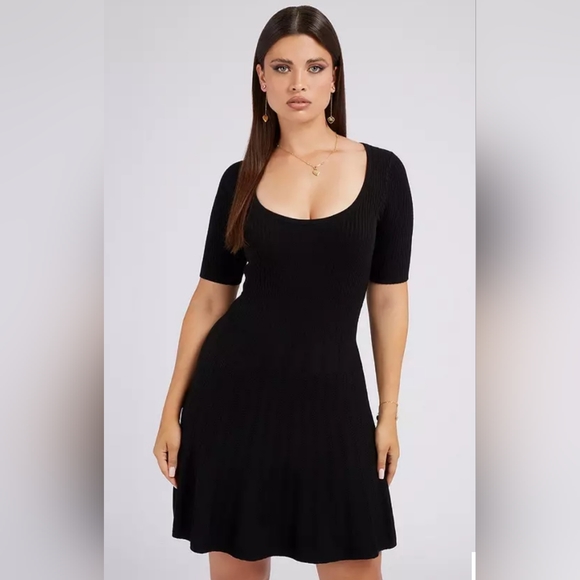 GUESS AMELIA BLACK RIBBED SWEATER DRESS NWT SIZE LARGE - Picture 1 of 16